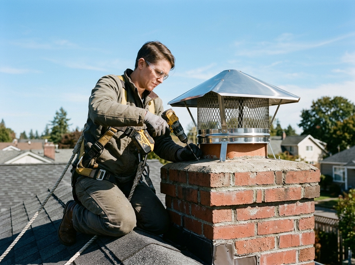 Technician installing stainless steel chimney cap and spark arrestor