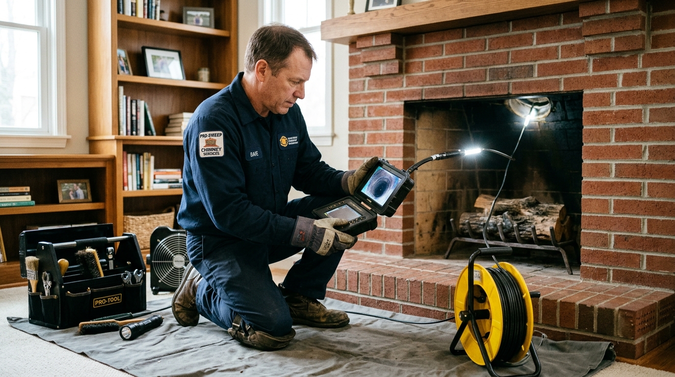 Technician inspecting chimney flue with video camera monitor