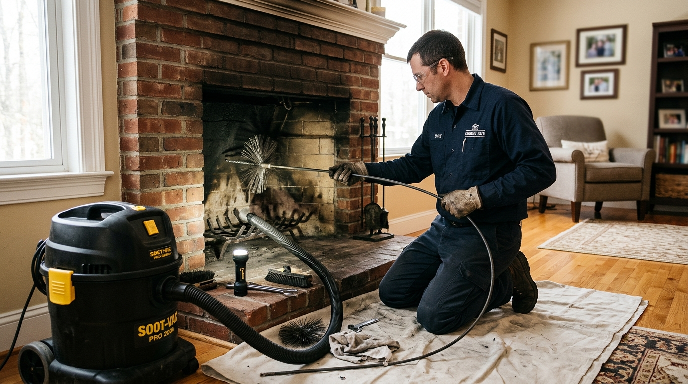 Technician cleaning residential fireplace with protective drop cloths, flexible rods and HEPA dust collector