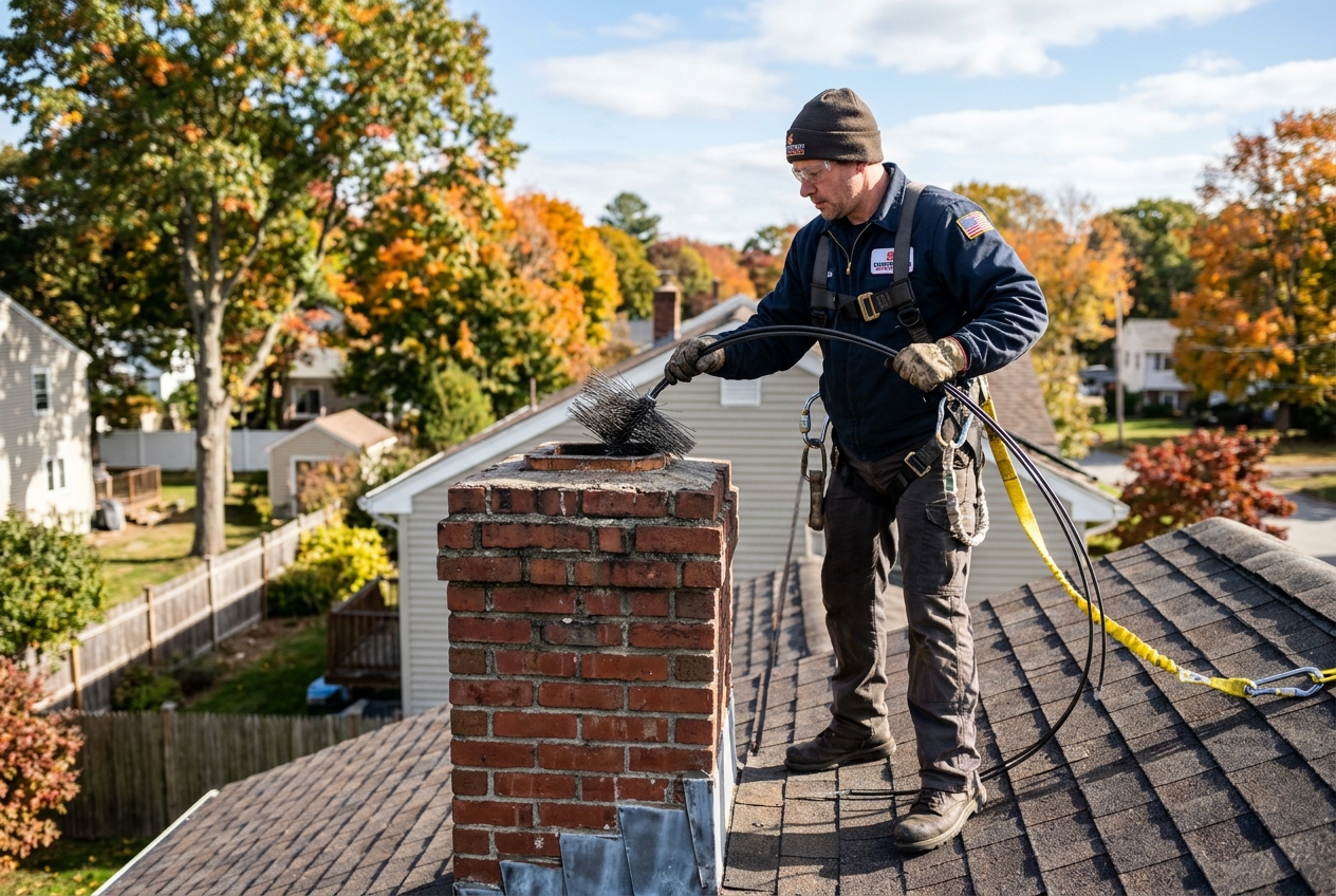 Professional chimney sweep technician sweeping chimney flue from residential rooftop in Nolensville TN